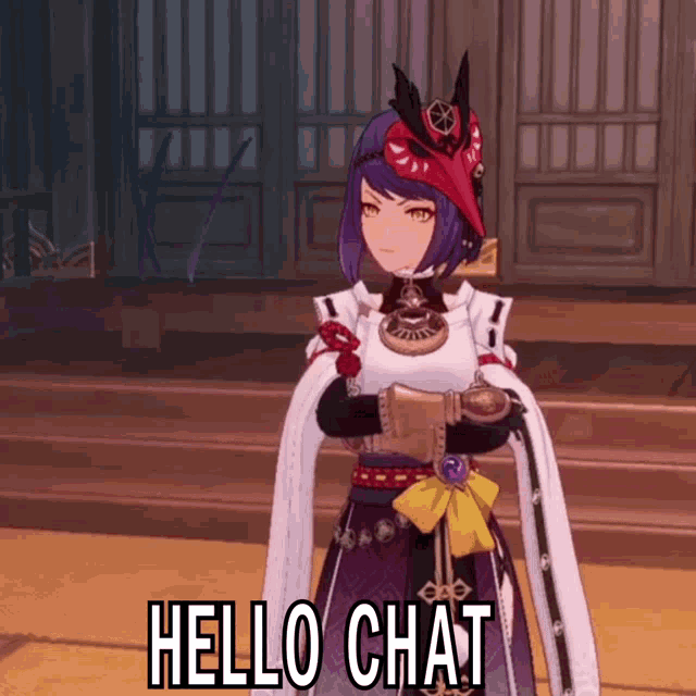 a video game character says hello chat while holding a scroll