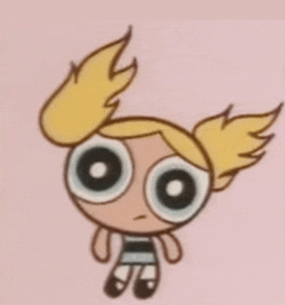 bubbles from the powerpuff girls is sitting on a pink surface with her hair blowing in the wind .