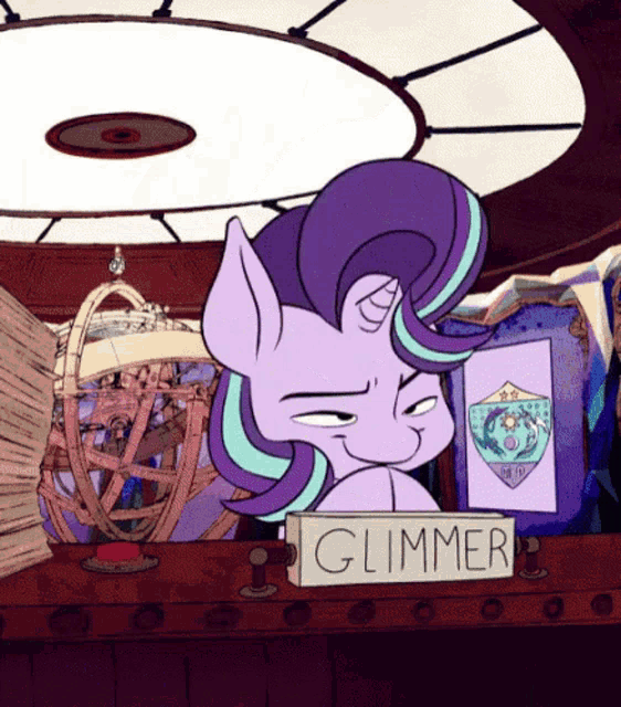 a cartoon of a pony with a sign that says glimmer on it