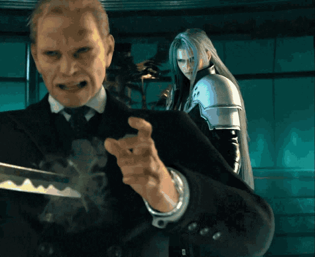 a man in a suit and tie is holding a knife and pointing