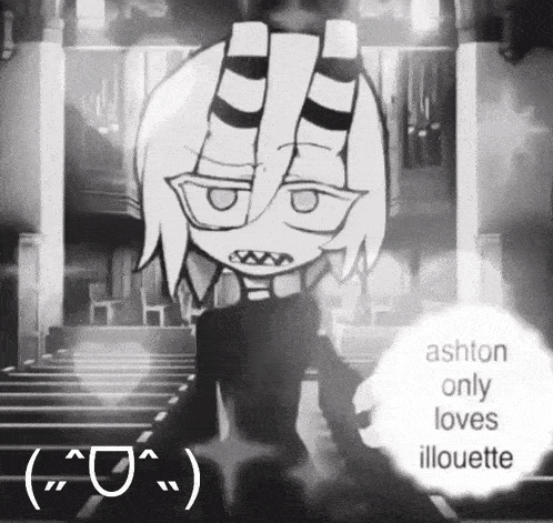 a black and white drawing of a demon with the words ashton only loves illouette