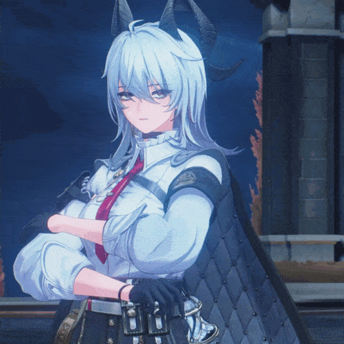 a girl with white hair and horns is standing with her arms crossed in front of a building
