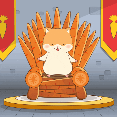 a cartoon hamster sits on a throne made of carrots