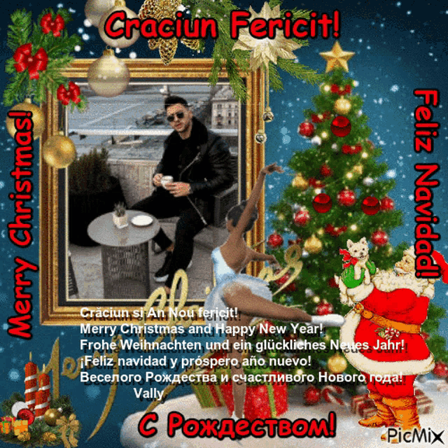 a picture of a man sitting at a table with a christmas tree in the background