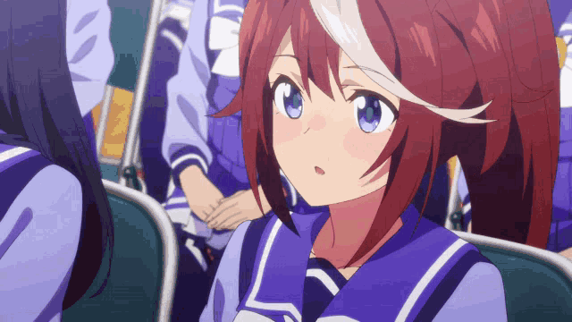 a girl with red hair and blue eyes is wearing a purple sailor uniform