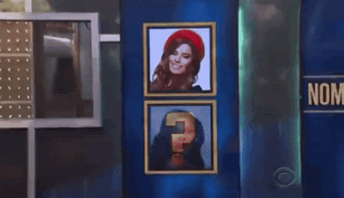 two pictures of two women are on a blue wall with a sign that says no