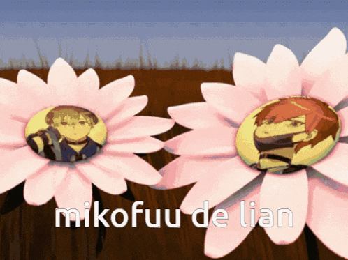two pink flowers with a picture of a boy on them and the words " mikofuu de lian " below them