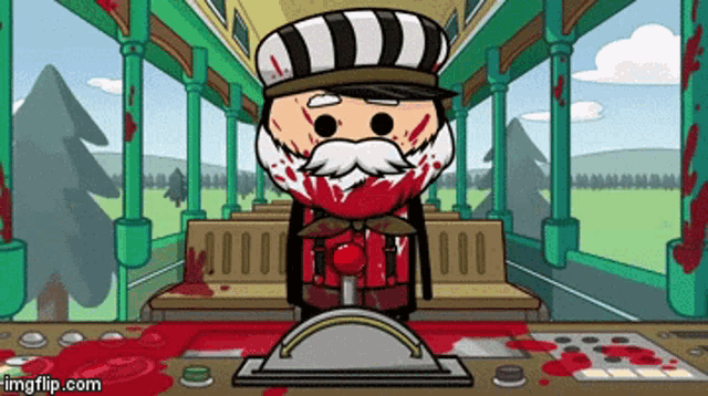 a cartoon of a man with blood on his face is on a train with imgflip.com at the bottom