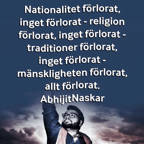 a man with glasses and a beard stands in front of a cloudy sky with a quote in a foreign language