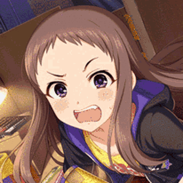 a girl with long brown hair and purple eyes is wearing a black jacket