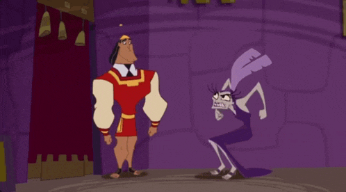 a cartoon of a man in a red and yellow outfit standing in front of a purple wall