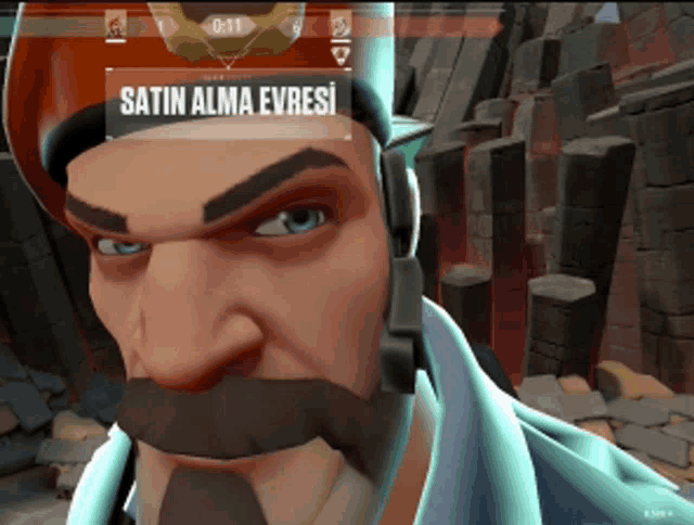 a close up of a man 's face in a video game with the words satin alma everesi on the screen
