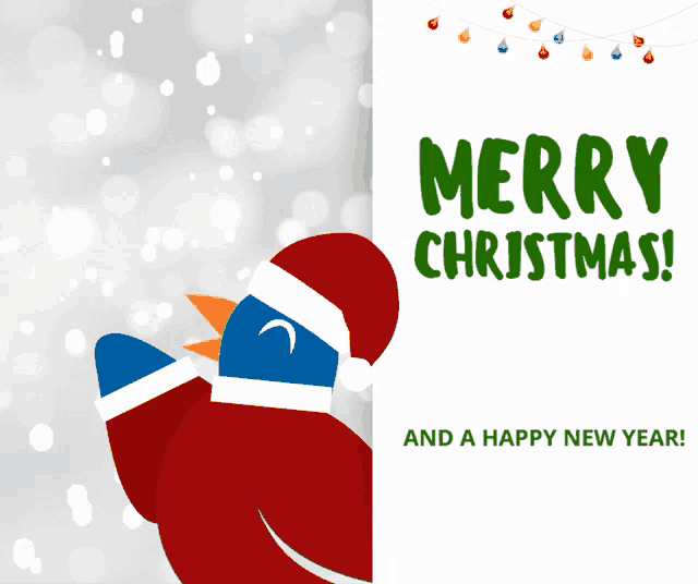 a christmas card with a bird wearing a santa hat
