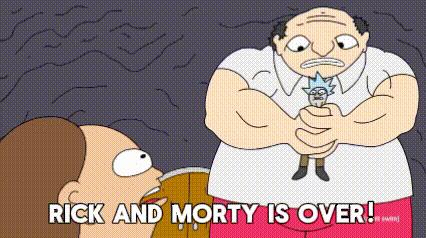 a cartoon of rick and morty is over with a man holding rick in his hand .