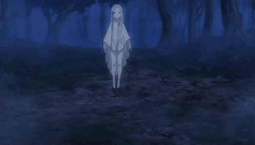 a girl with white hair and blue eyes is smiling in a dark forest