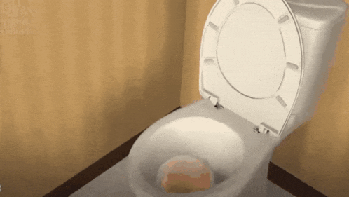 a toilet in a bathroom with the lid up and a piece of food in it