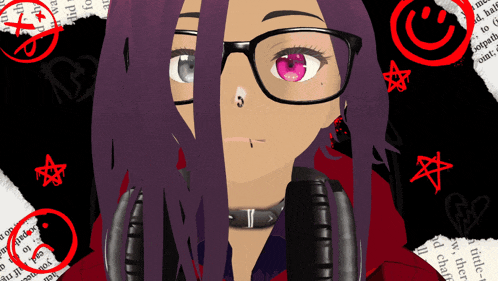 a girl wearing glasses and headphones is surrounded by red circles and a star