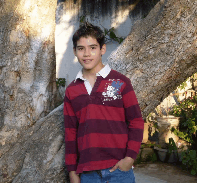 a young boy wearing a red and purple striped shirt stands in front of a large tree trunk