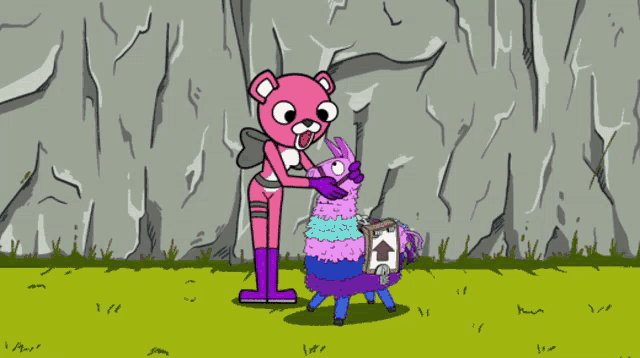 a cartoon character is petting a llama with an arrow pointing upwards