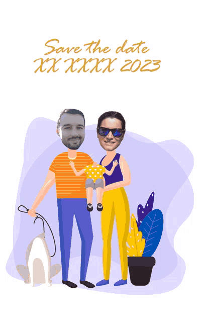 a save the date card with a man and woman holding a baby