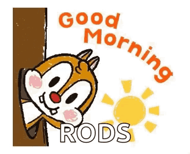 a cartoon squirrel is peeking out from behind a tree trunk and says `` good morning rods '' .