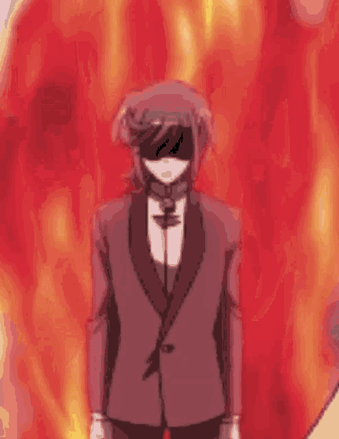 a man in a suit and sunglasses is standing in front of a fire .