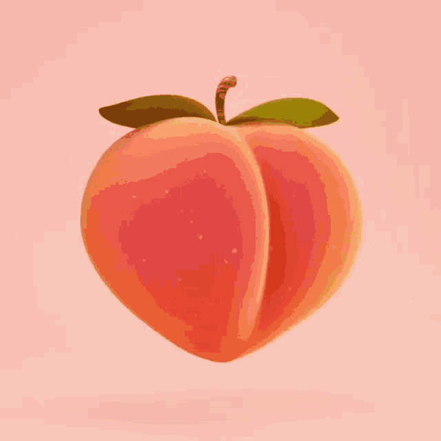 a peach with a green leaf is on a pink background