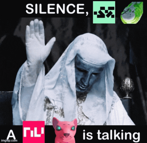 a man in a white robe says silence and a cat says a nu