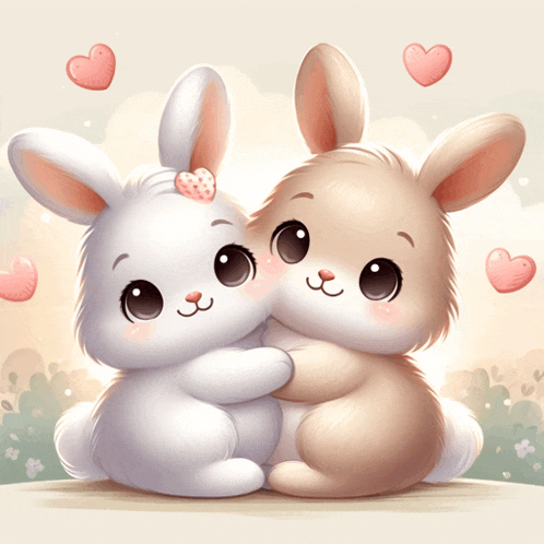 a couple of bunny rabbits hugging each other with hearts in the background