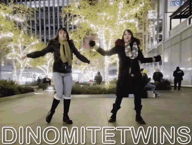 two women are dancing in front of a sign that says dinonitetwins