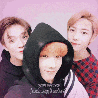 three young men posing for a picture with the words pou somos jun may i crie