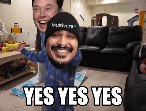 a man with a beanie that says multiverse stands next to a child