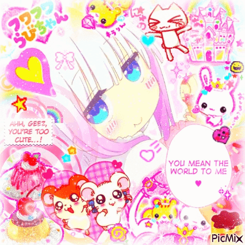 a picture of a girl with a cat , hamsters , hearts , and a rainbow .