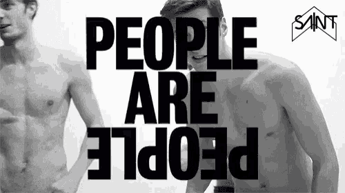 a black and white photo of a shirtless man with the words people are people on it