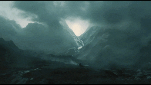 a painting of a mountain landscape with a river running through it