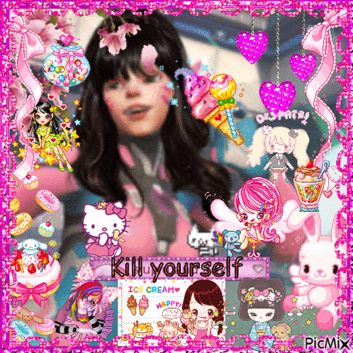 a picture of a girl with a hello kitty sticker on her head
