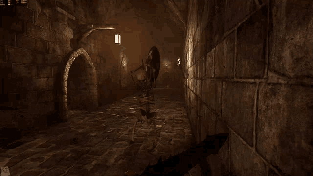 a screenshot of a video game shows a dark hallway with a few lights on the walls