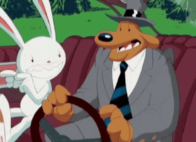 a cartoon dog is driving a car with a rabbit behind him
