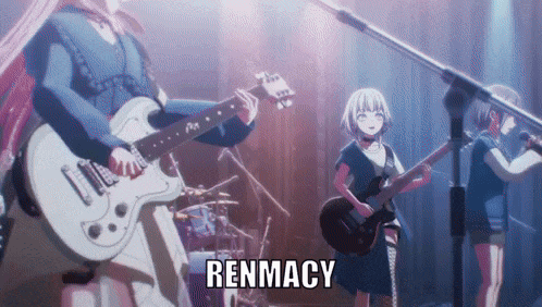 a group of anime girls are playing guitars on a stage and the word renmacy is on the bottom of the screen .