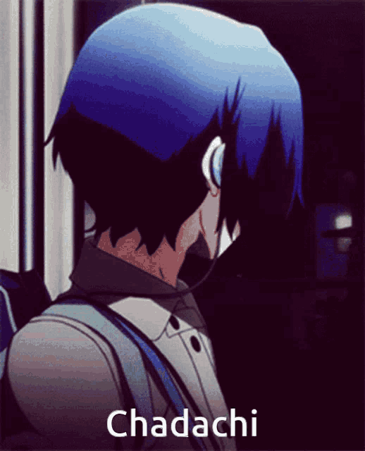 a man with blue hair is wearing headphones and the name chadachi is on the bottom