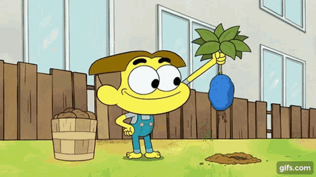 a cartoon character is holding a plant in his hand in a yard .