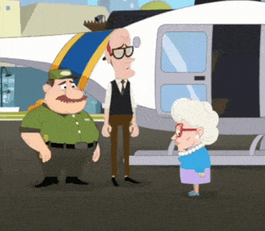 a group of cartoon characters are standing in front of a plane