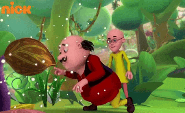 two cartoon characters are standing in a jungle with a nick logo behind them
