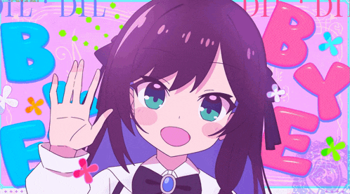 a girl with purple hair and green eyes waves her hand in front of a pink background that says " baby "