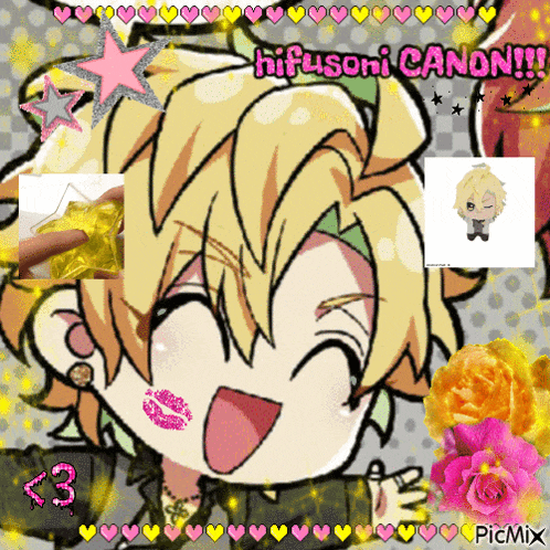 a picture of a girl with a kiss on her cheek and the words hifuseoni canoniy