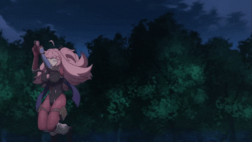 a girl with pink hair is flying through the air