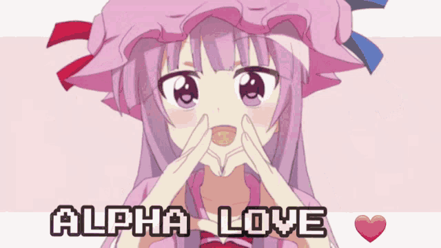 a girl with purple hair is making a heart shape with her hands and the words alpha love behind her