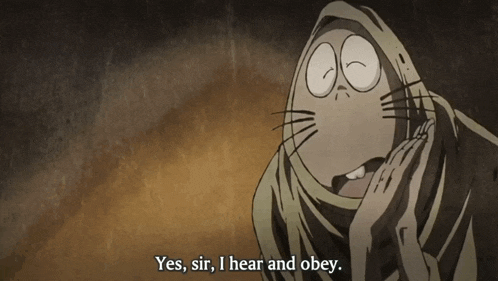 a cartoon of a cat with the words yes sir i hear and obey