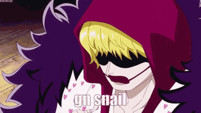 a cartoon character says gn snail in a purple hoodie