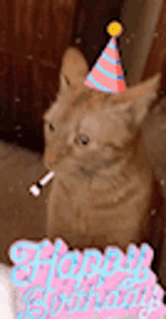 a cat wearing a party hat is smoking a cigarette in front of a cake that says happy birthday
